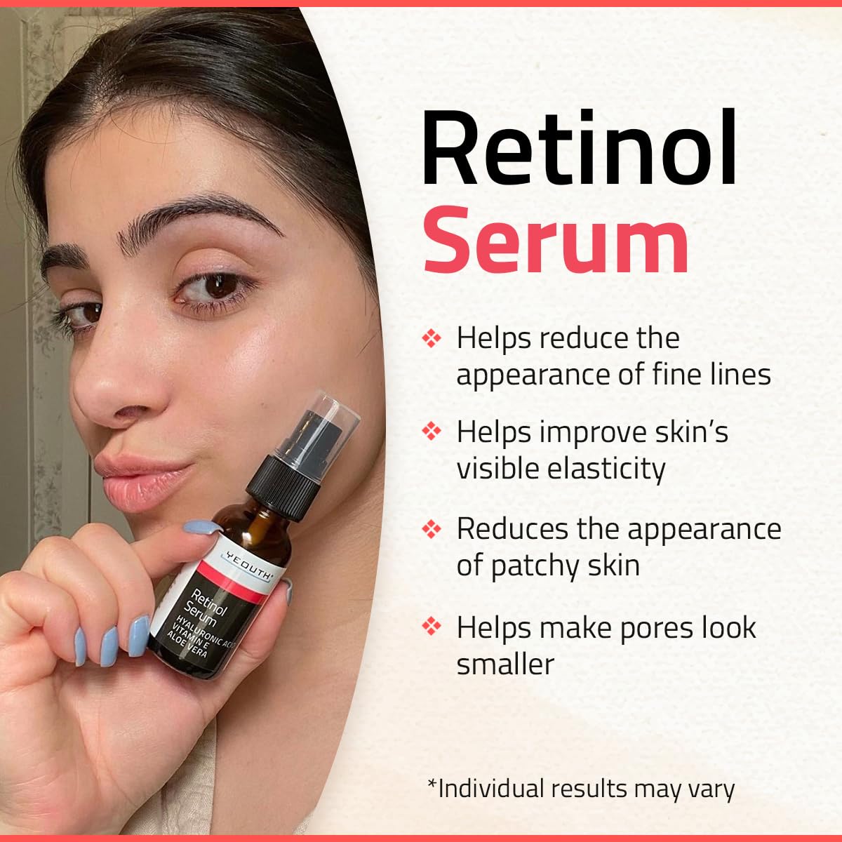 Closeup of YEOUTH serum label highlighting paraben free dermatology tested