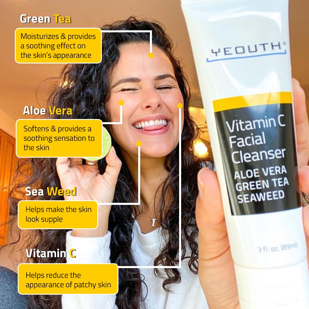YEOUTH Vitamin C Cleanser ingredients featuring aloe vera, seaweed, and green tea.