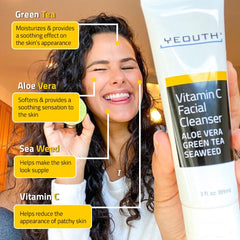 YEOUTH Vitamin C Cleanser ingredients featuring aloe vera, seaweed, and green tea.