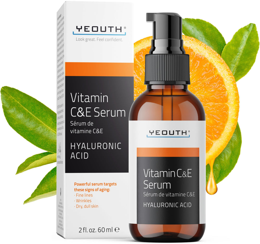 YEOUTH Vitamin C serum bottle close-up showing sleek packaging for radiant glow
