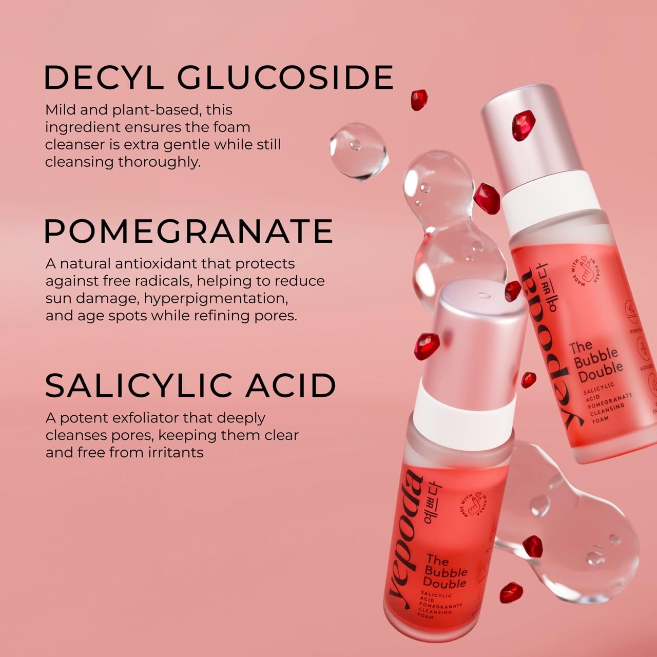 Yepoda Bubble Double pomegranate extract focus illustrates refined pores and balanced skin appearance.