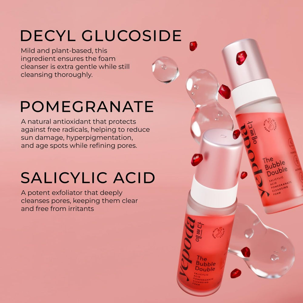 Yepoda Bubble Double pomegranate extract focus illustrates refined pores and balanced skin appearance.