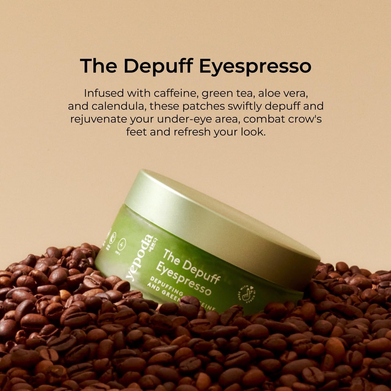 Yepoda Depuff Eyespresso jar closeup emphasizing glass packaging and patch preservation