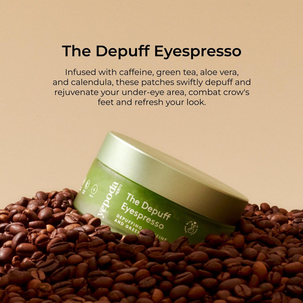 Yepoda Depuff Eyespresso jar closeup emphasizing glass packaging and patch preservation