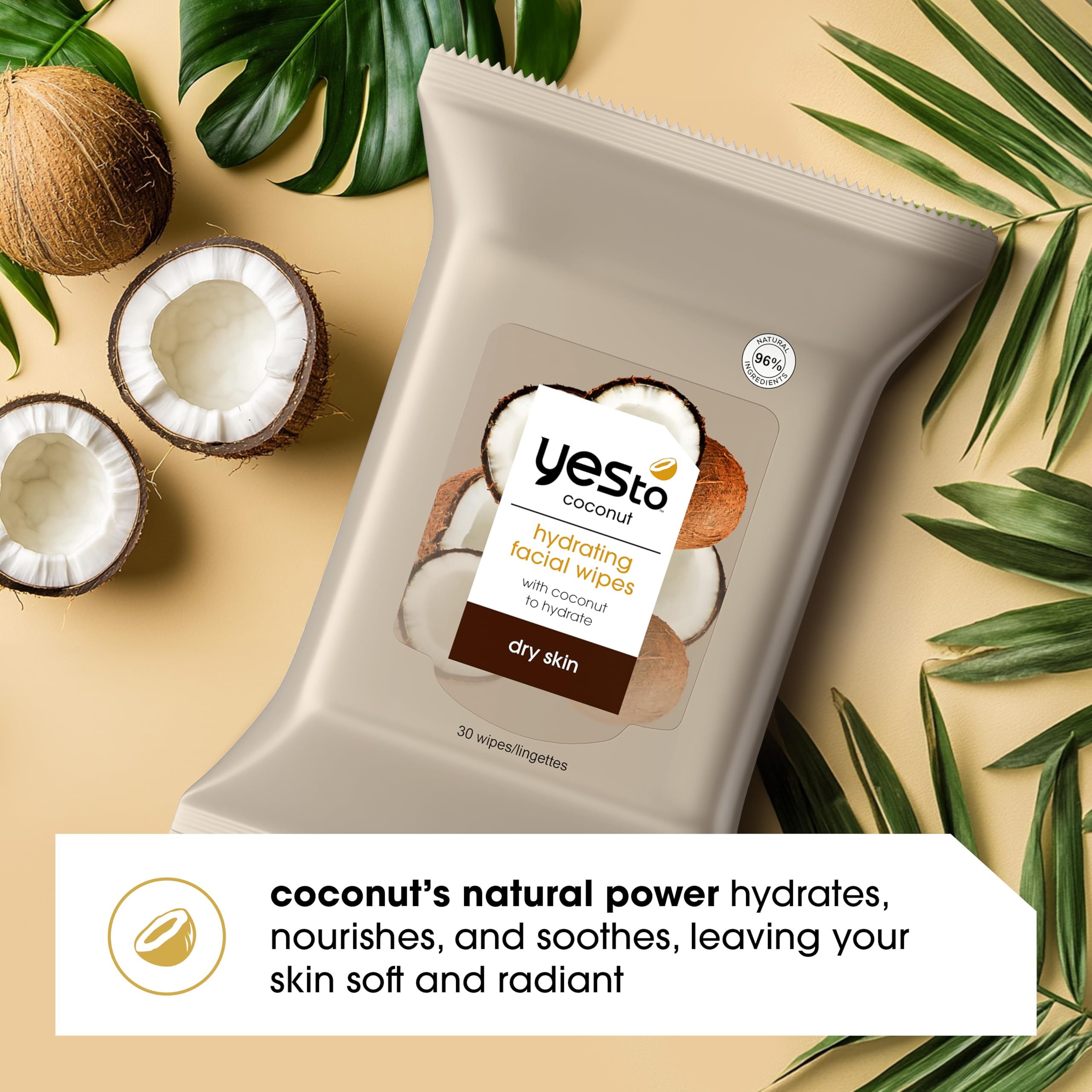Yes To Coconut pack-2 wipes display emphasizing natural ingredients and cruelty-free cleansing