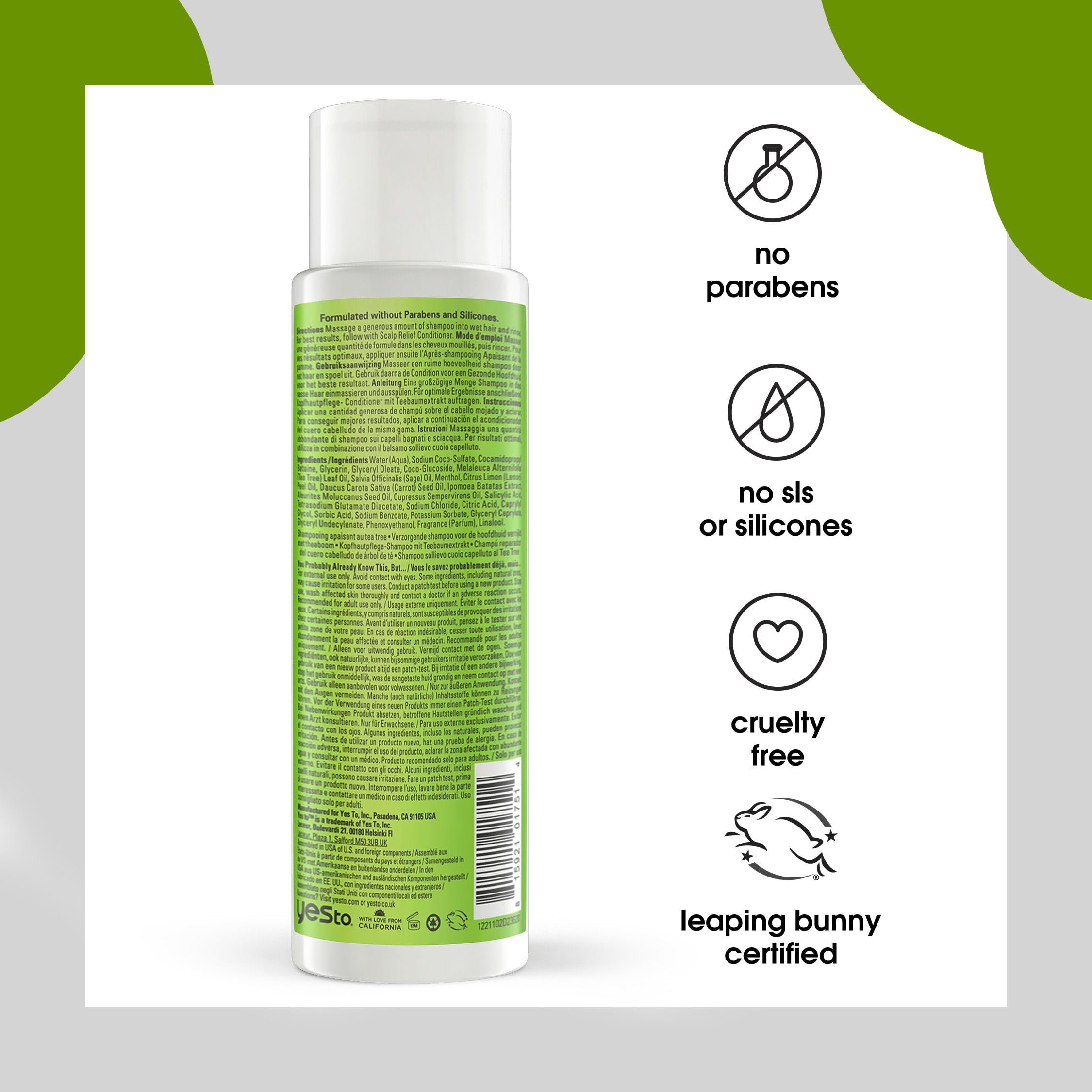 Yes To Tea Tree Scalp Relief Conditioner sage-oil ingredients closeup highlighting natural scalp moisturization.