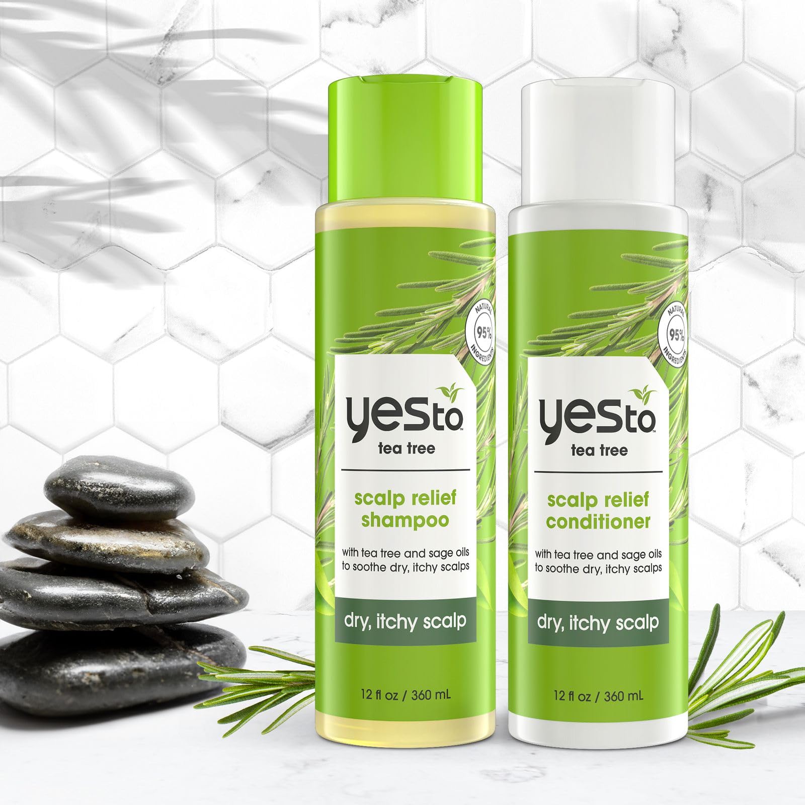 Yes To Tea Tree & Sage Shampoo and Conditioner pair on display for daily care