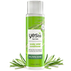 Yes To Tea Tree Scalp Relief Conditioner bottle showing soothing scalp hydration in vegan formula.