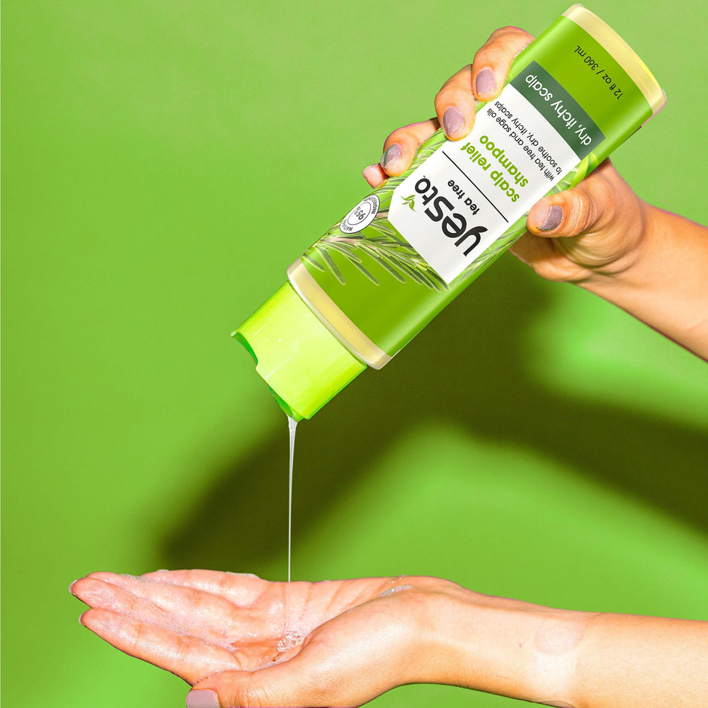 Yes To Tea Tree Scalp Relief Shampoo calms a dry, irritated scalp during daily use.