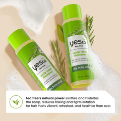 Yes To Tea Tree Scalp Relief Shampoo highlights sage oil and natural ingredients for scalp care.