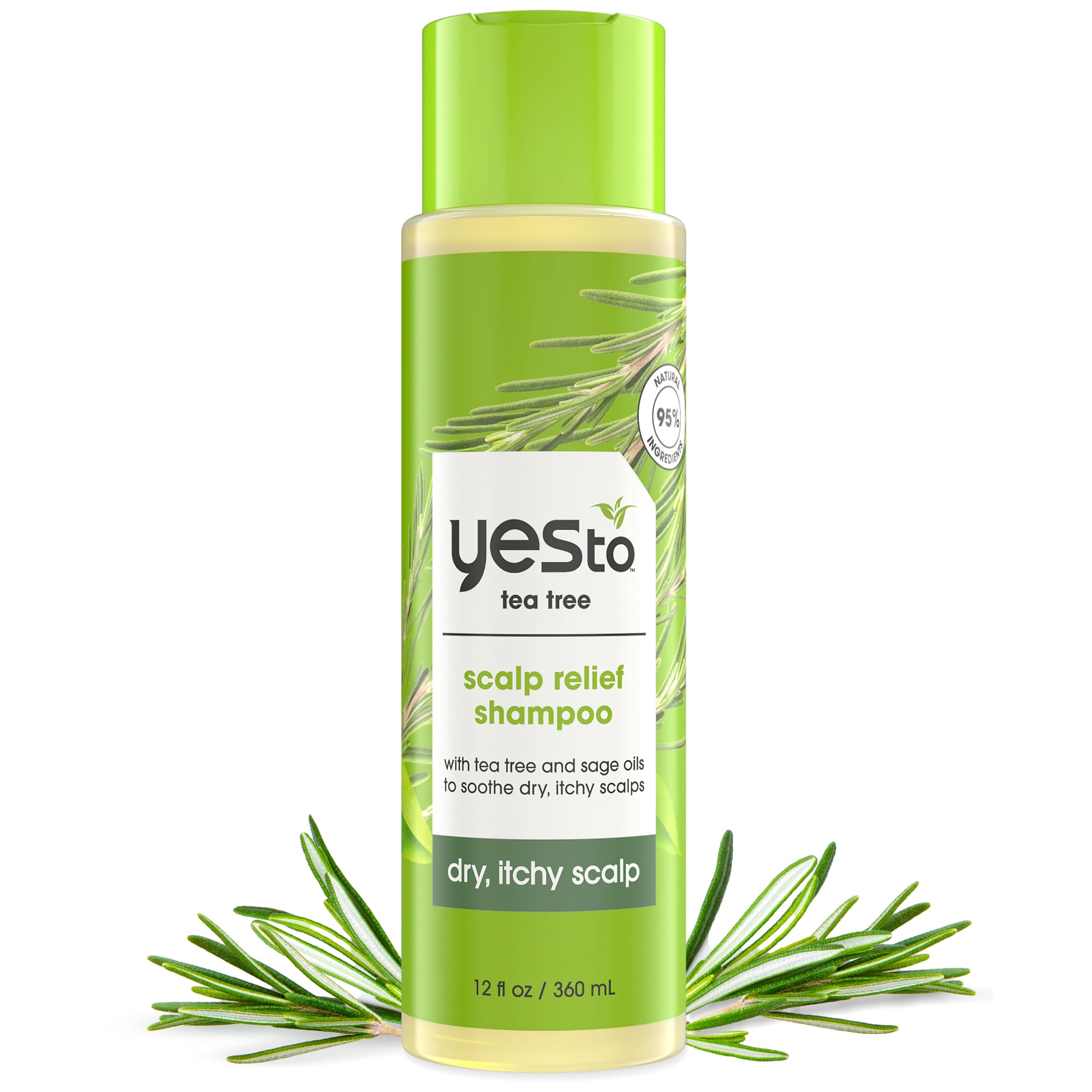 Yes To Tea Tree Scalp Relief Shampoo bottle showing gentle, pH-balanced cleansing.