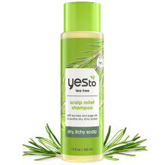 Yes To Tea Tree Scalp Relief Shampoo bottle showing gentle, pH-balanced cleansing.