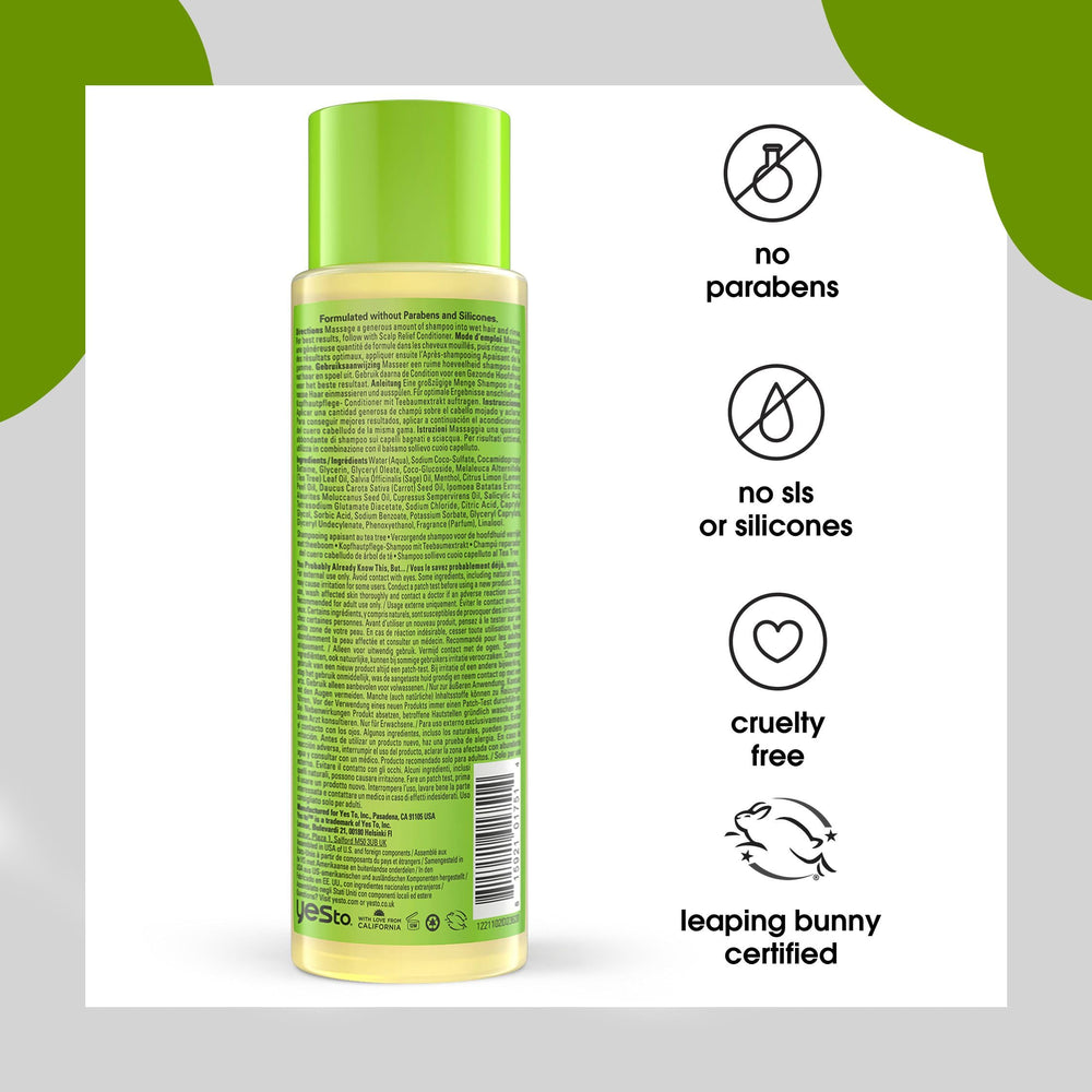 Yes To Tea Tree Scalp Relief Shampoo lathers through hair for nourished strands.