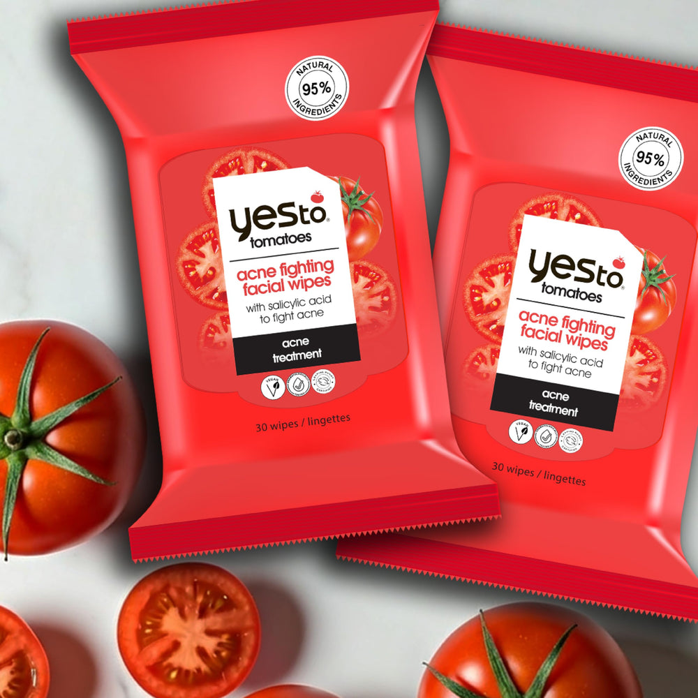 Yes To Tomatoes wipe label on pack back shows directions and ingredients.