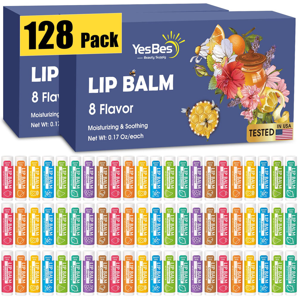 YesBes 128-pack lip balm collection with moisture for dry lips and travel-friendly variety.