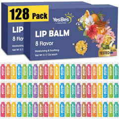 YesBes 128-pack lip balm collection with moisture for dry lips and travel-friendly variety.