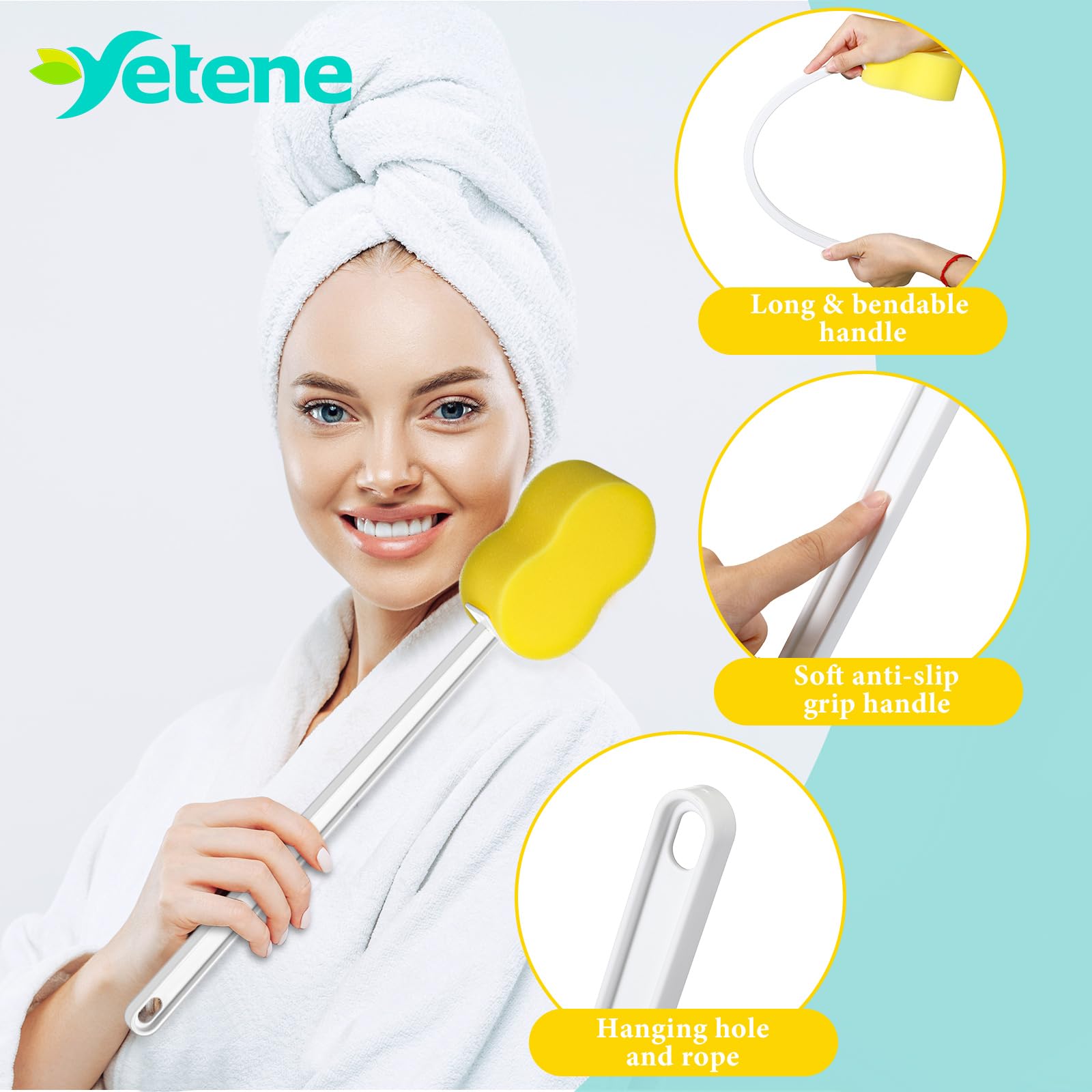Yetene yellow sponge with white handle delivers gentle cleansing and comfort
