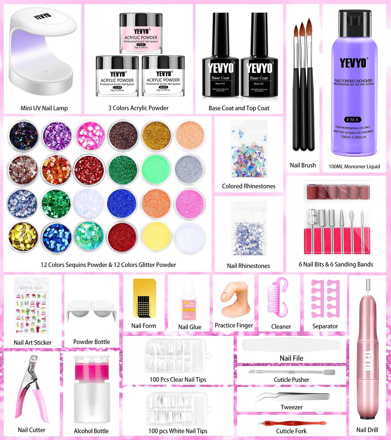 YEVYO acrylic powder set with three colors for bubble-free overlays.