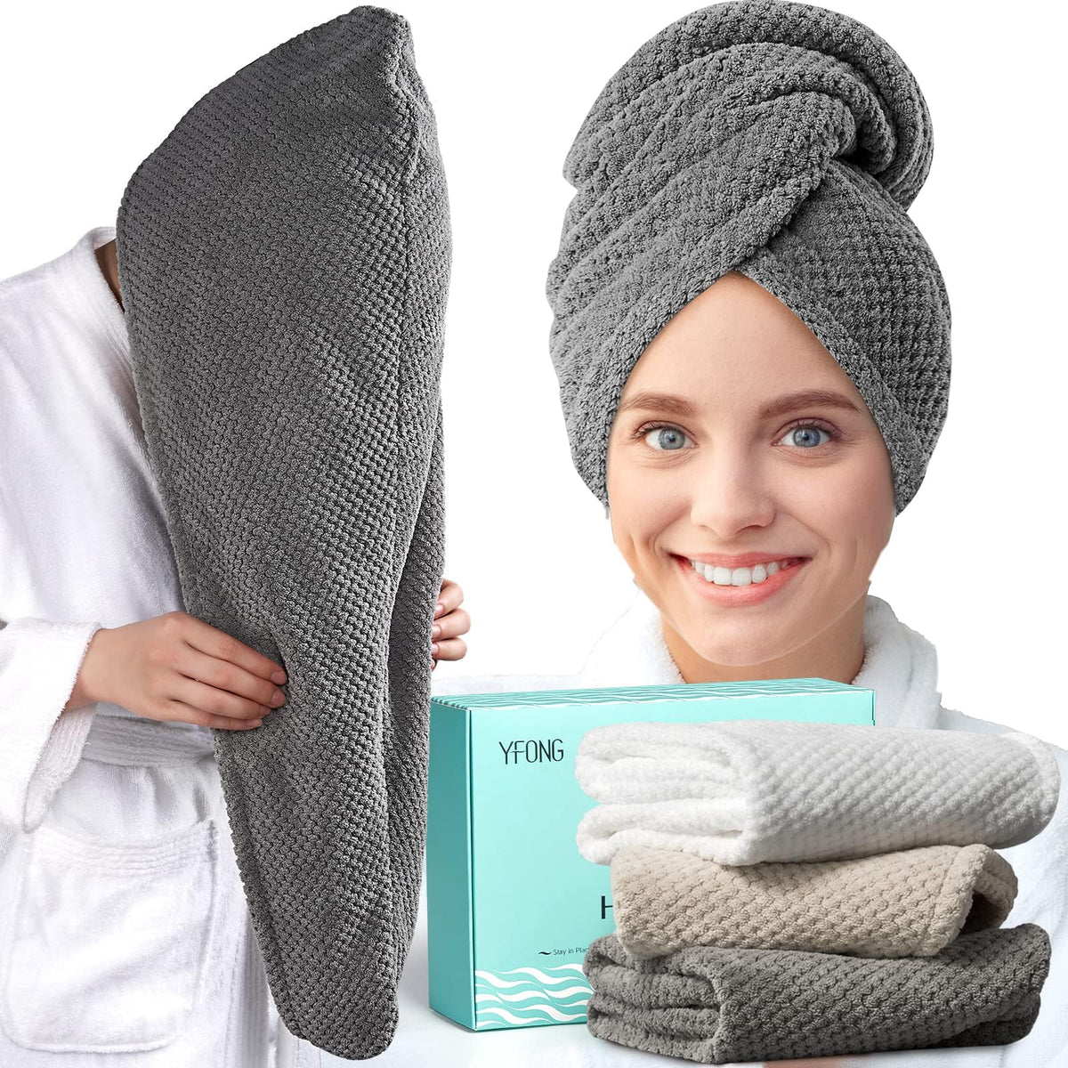 YFONG hair-towel-wrap 30x10 coverage keeps long hair secure during drying.