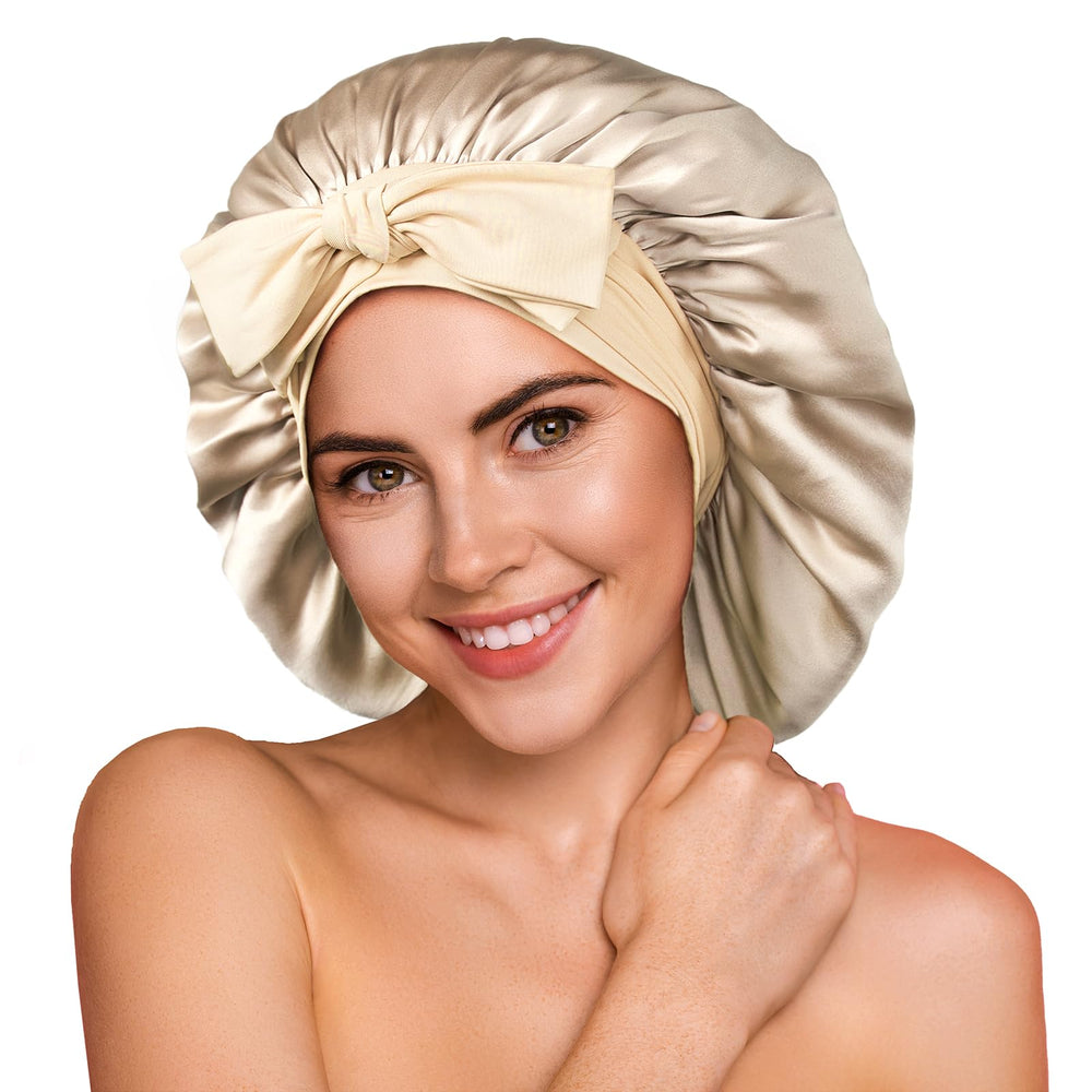 YFONG silk bonnet double-layer close-up reduces friction and preserves moisture for healthy-looking hair