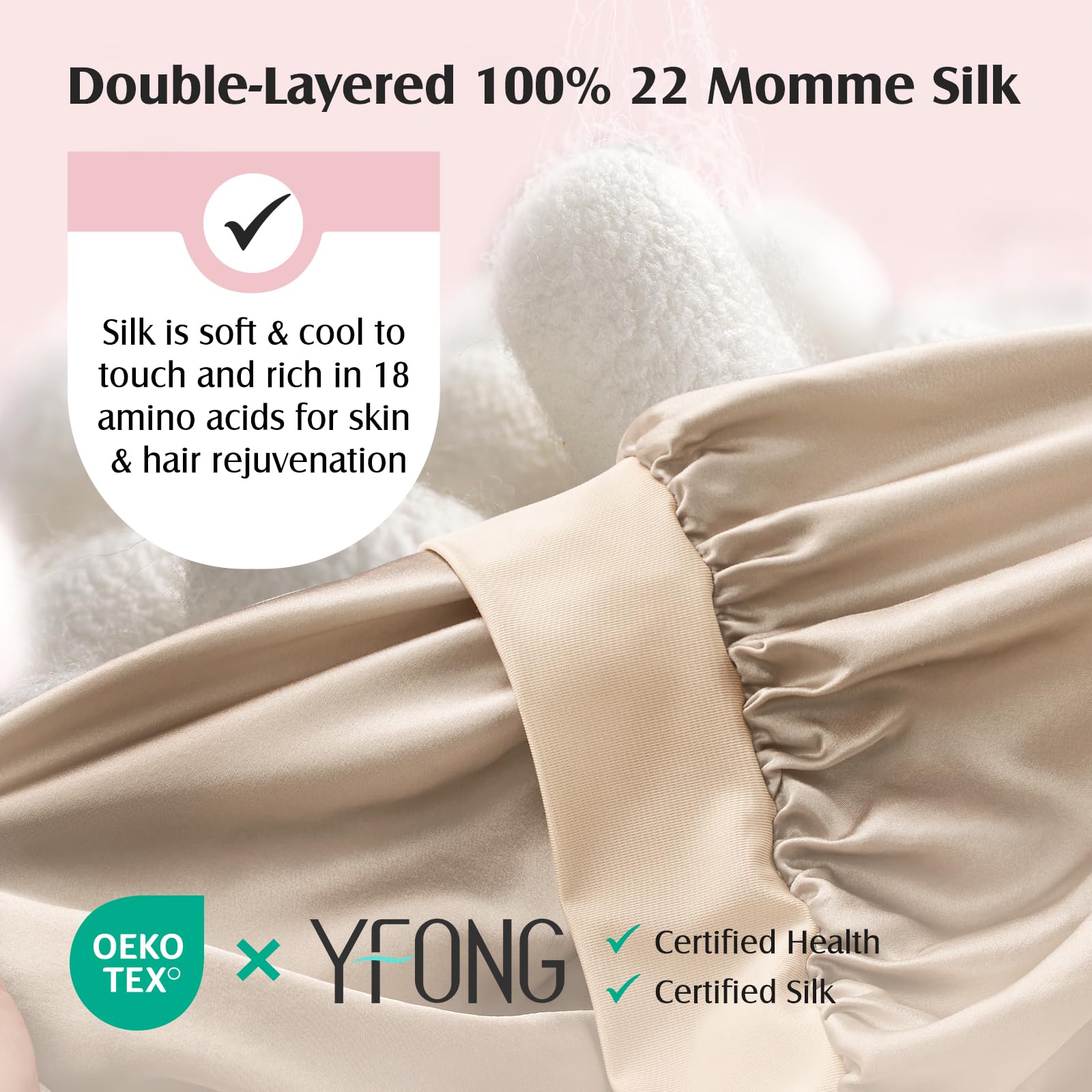 YFONG silk bonnet on head with adjustable band demonstrating secure fit for overnight wear