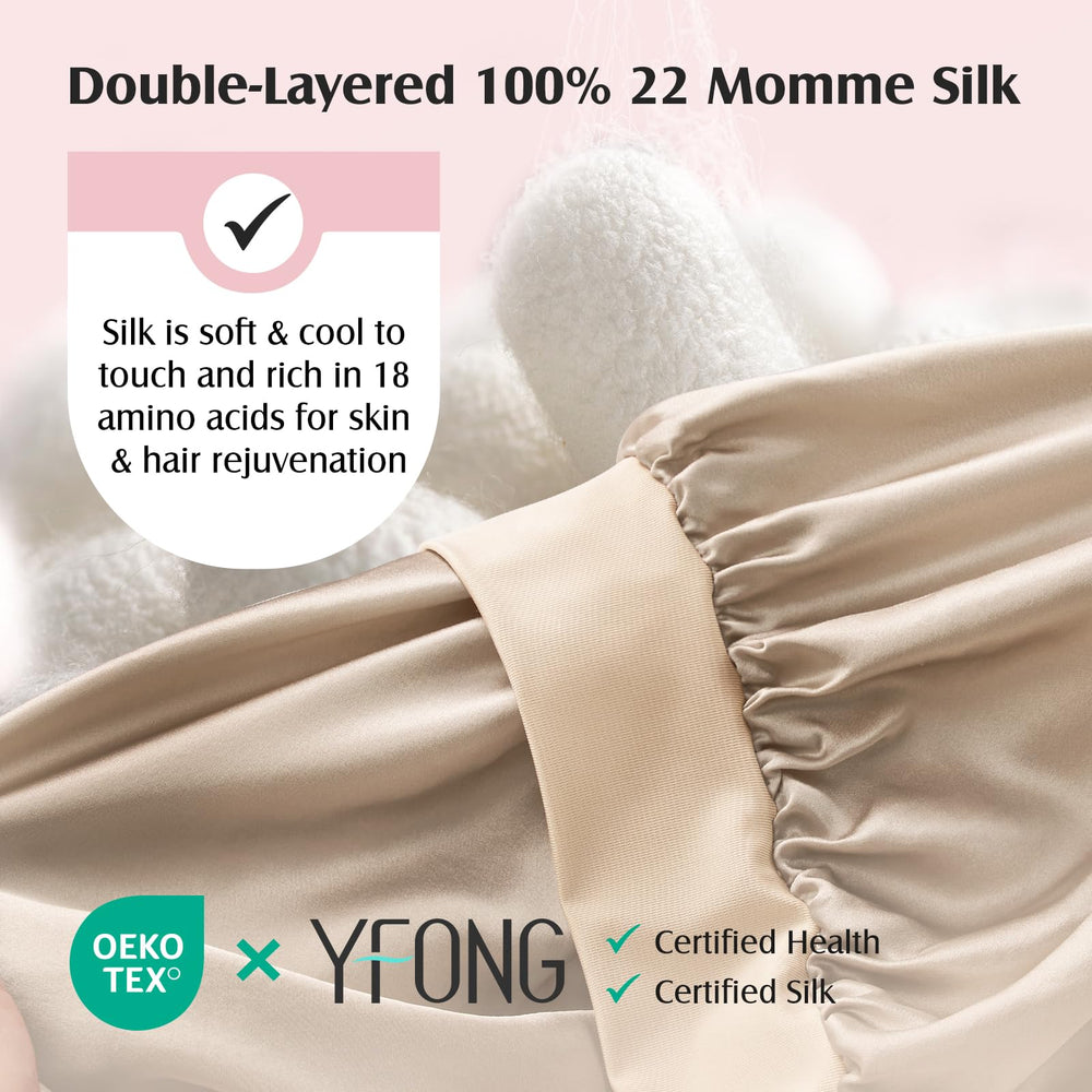 YFONG silk bonnet on head with adjustable band demonstrating secure fit for overnight wear