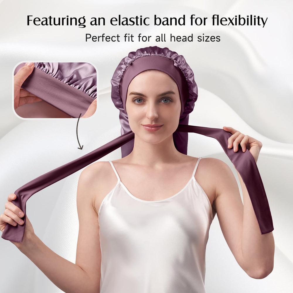 YFONG woman wearing purple silk bonnet during sleep highlights comfort