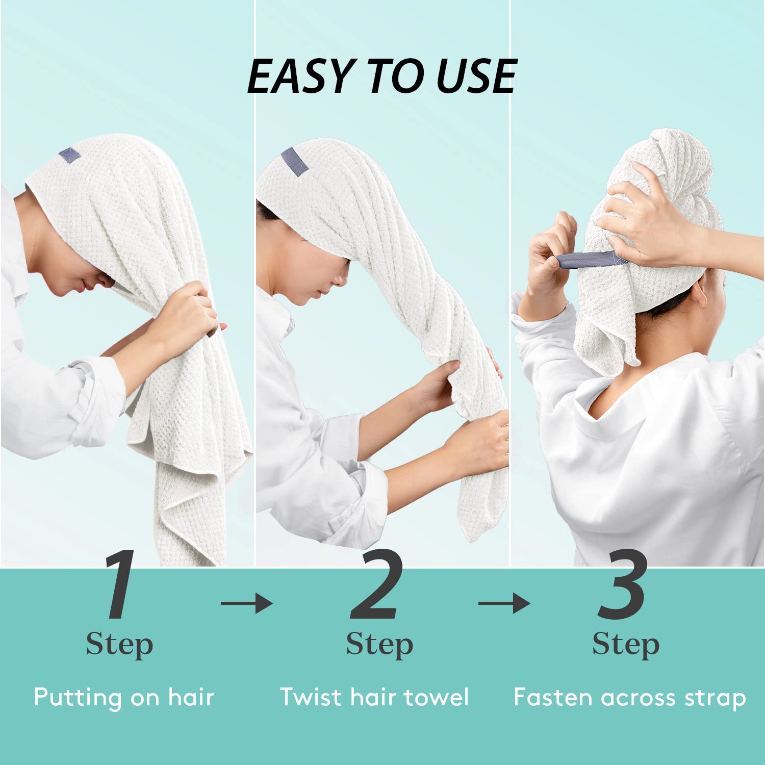 YFONG X-Large towel size comparison image validates suitability for long or curly hair.