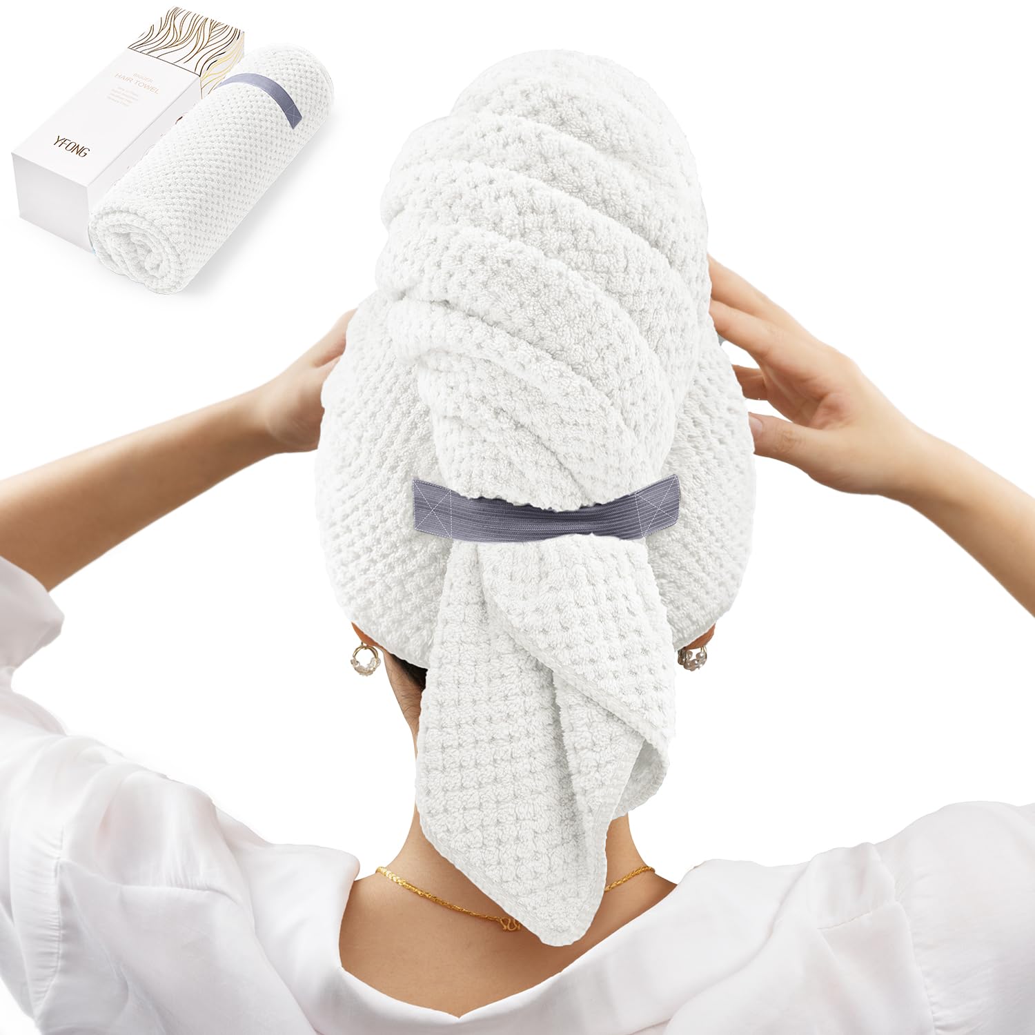 YFONG X-Large hair towel wrap front view highlights generous size for quick drying.