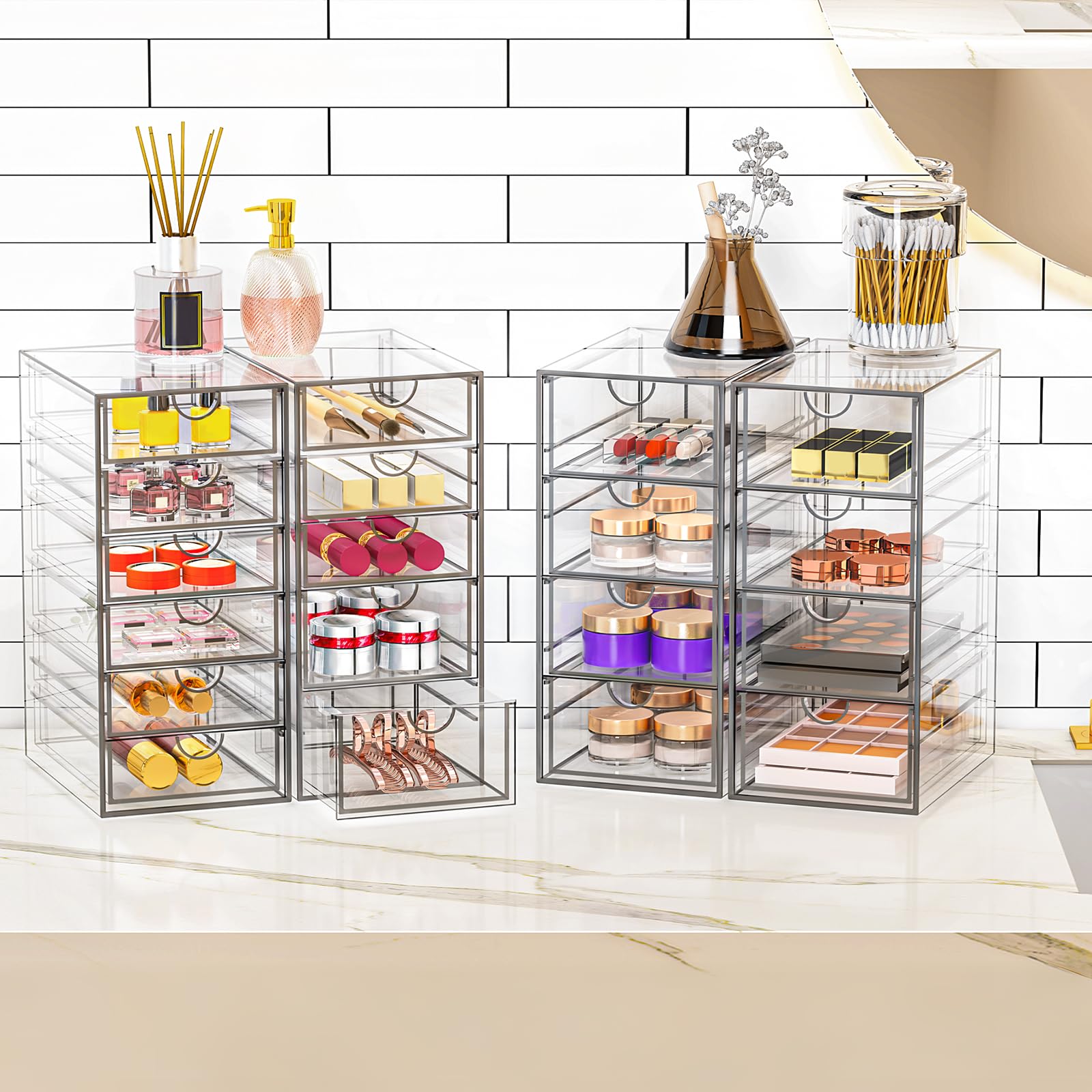 YFXCVSL acrylic makeup organizer side-by-side four-pack demonstrates space-saving versatility for vanity or desk.