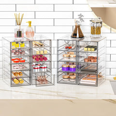 YFXCVSL acrylic makeup organizer side-by-side four-pack demonstrates space-saving versatility for vanity or desk.