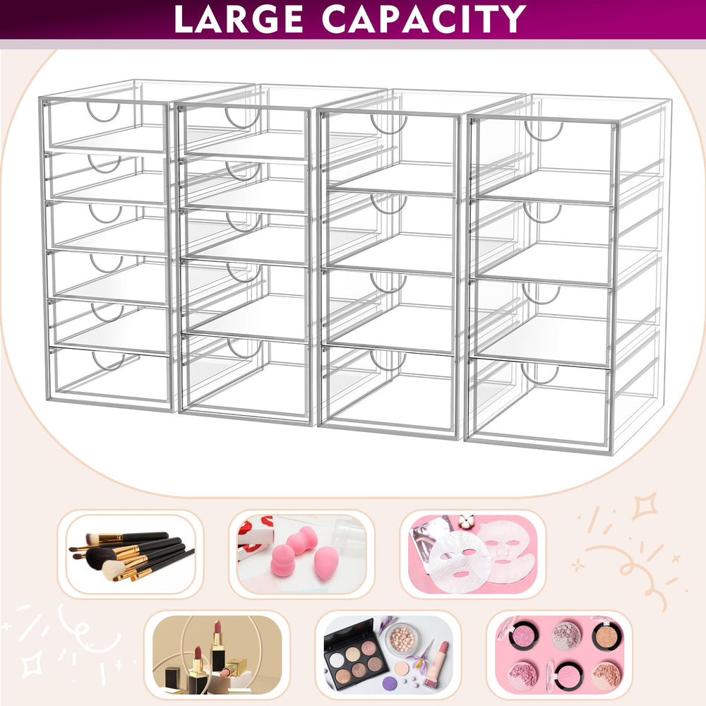 YFXCVSL acrylic makeup organizer vanity-dresser-setup offers elegant clear storage for cosmetics and jewelry.