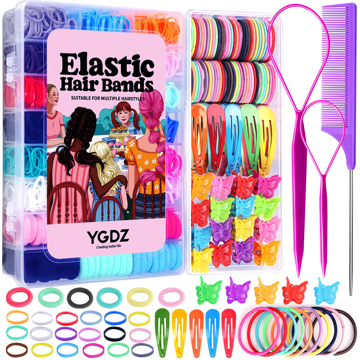 YGDZ hair accessories set box closeup showing organized color storage for quick selection