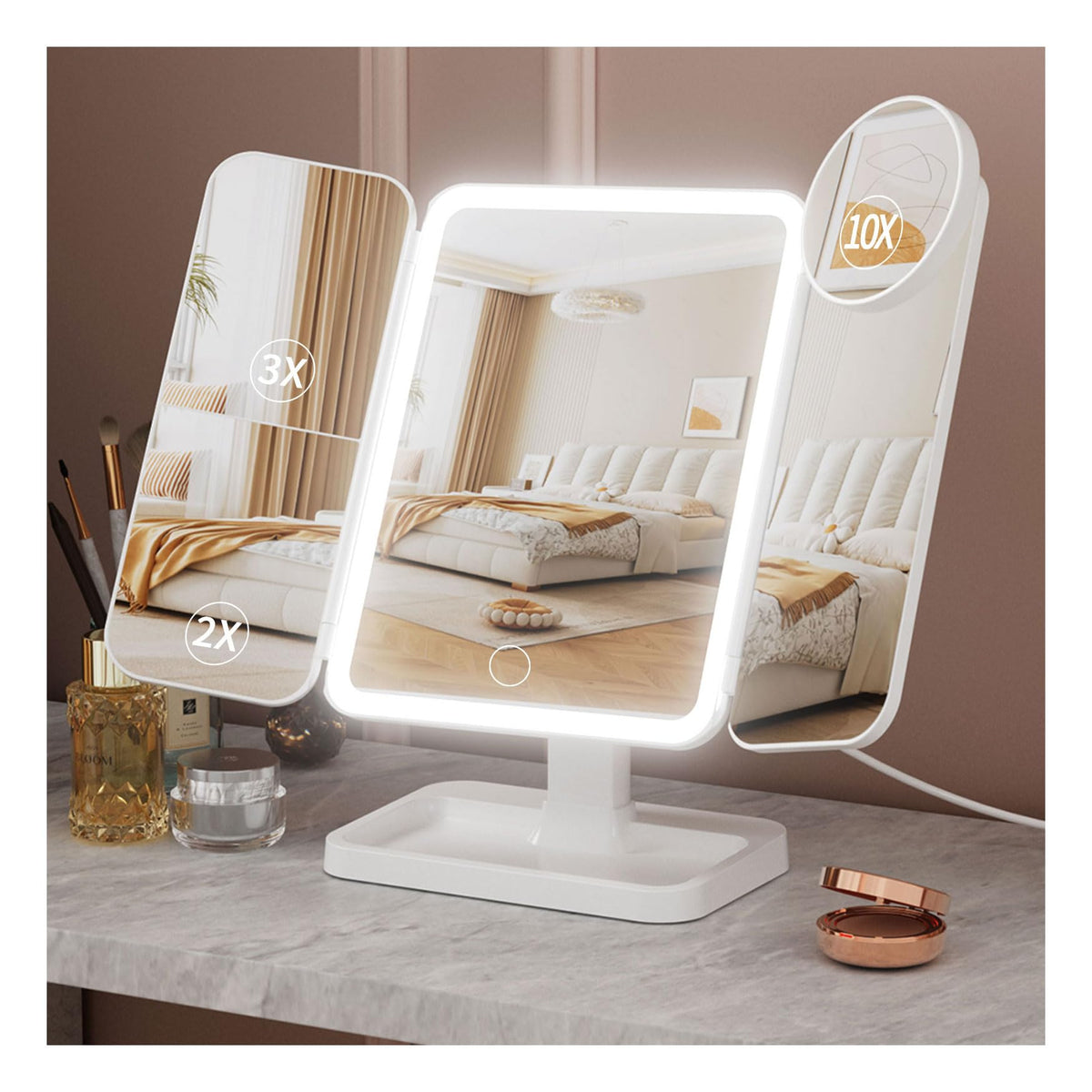 YGGPOQO lighted makeup mirror with 75 LEDs offering crisp, even lighting for makeup application