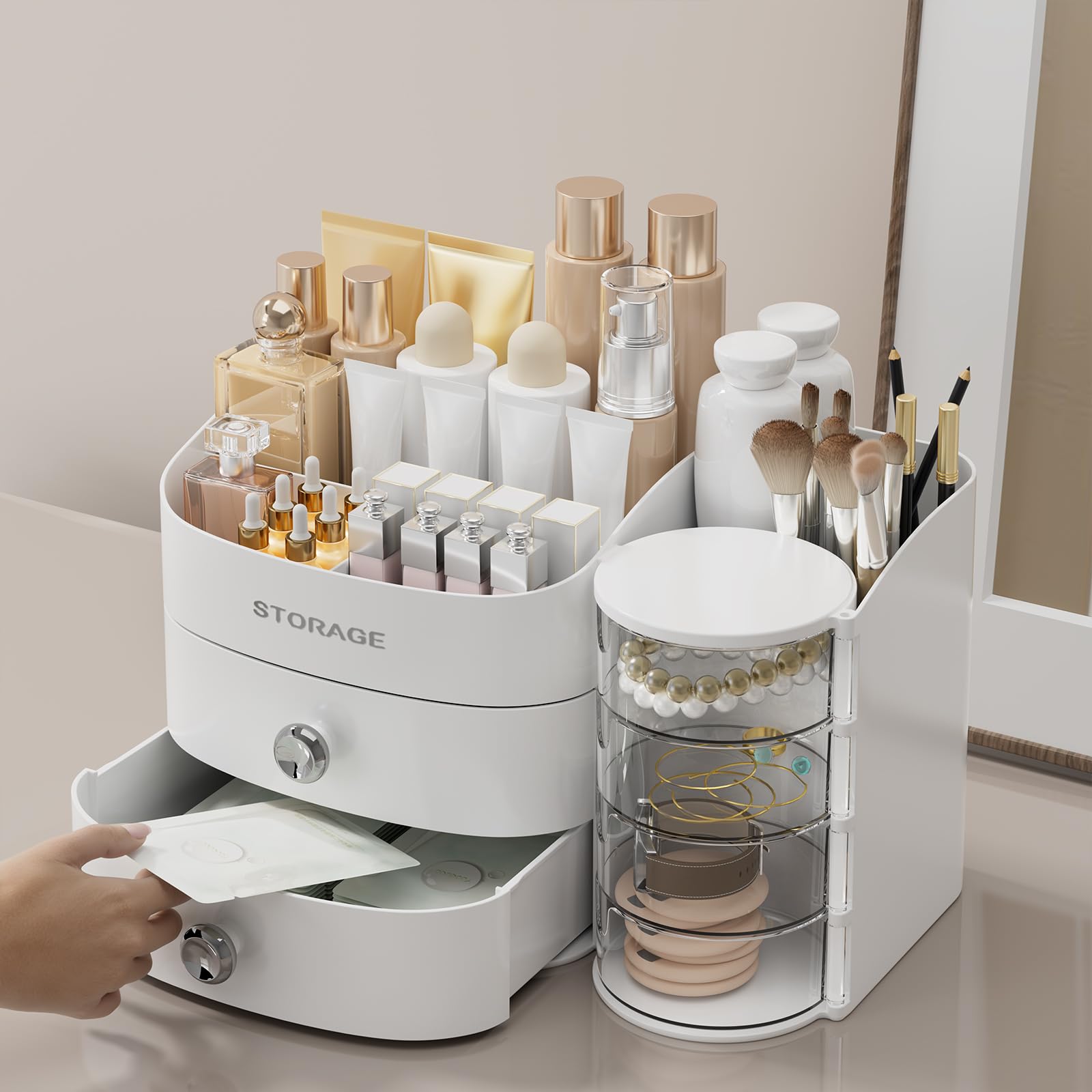 YGJT bathroom countertop storage keeps lotions, brushes, and cotton swabs organized.