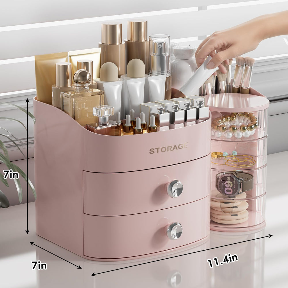 YGJT double-drawer makeup storage highlights ample space for brushes and lipsticks.
