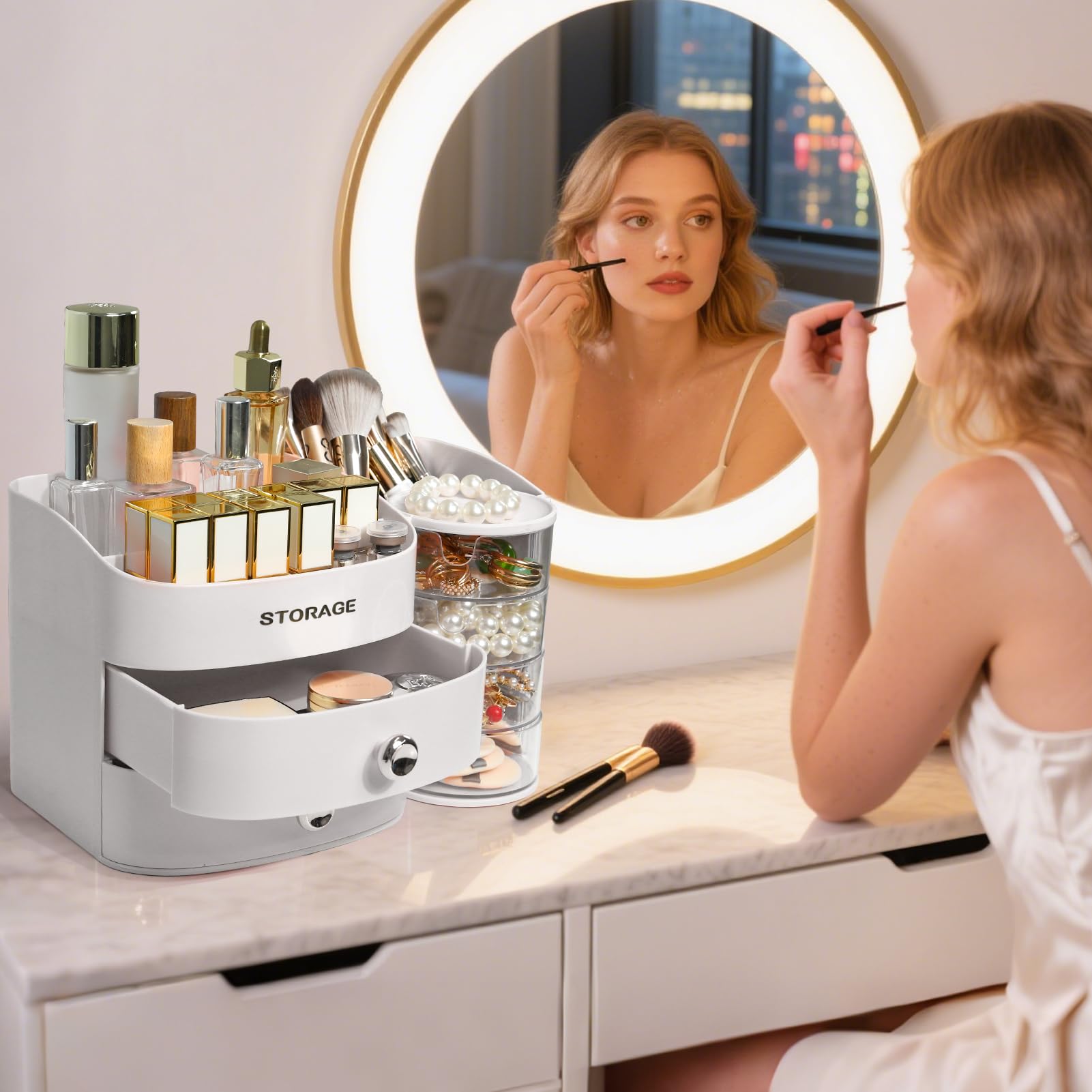YGJT dresser display storage showcases a sleek, minimalist makeup solution.