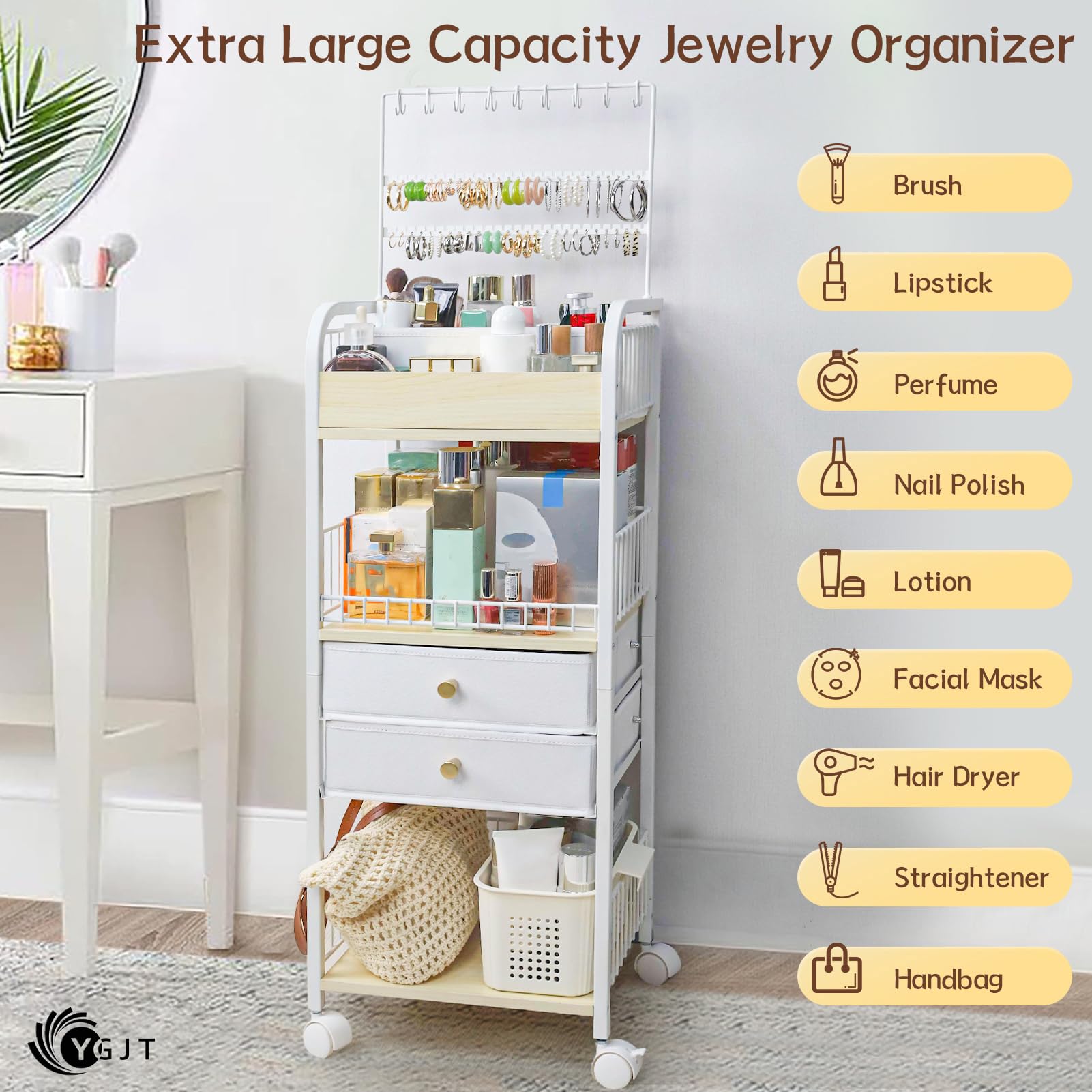 YGJT makeup organizer jewelry holder keeps earrings and necklaces visible and tangle-free.