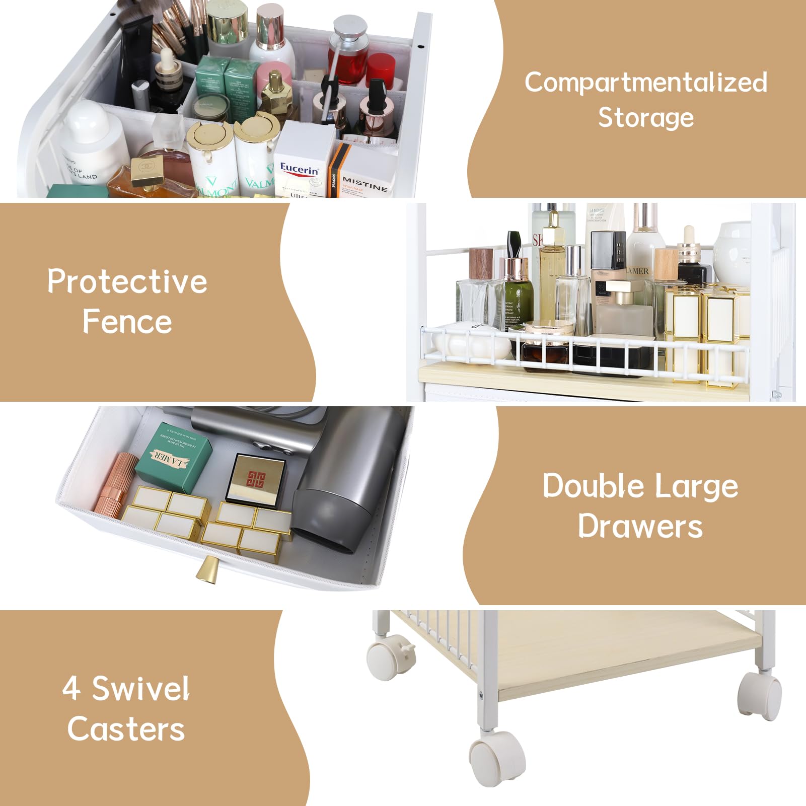 YGJT makeup organizer with movable casters for flexible room placement.