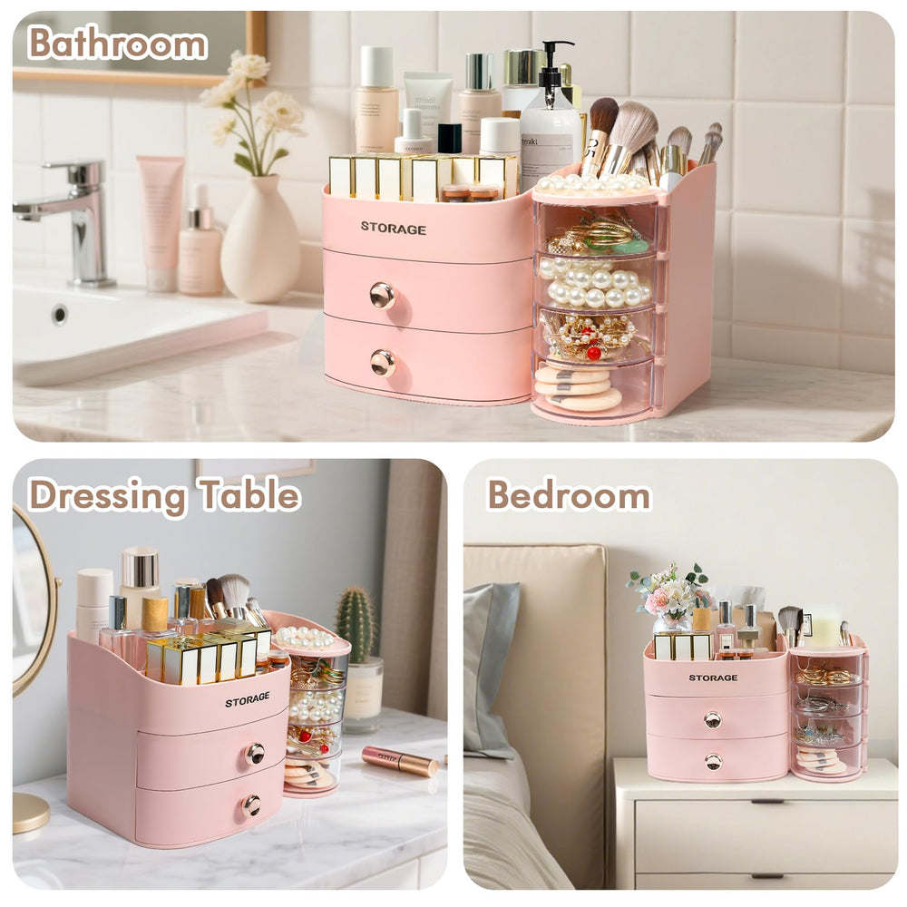 YGJT pink display storage case complements bedroom decor while tidying essentials.