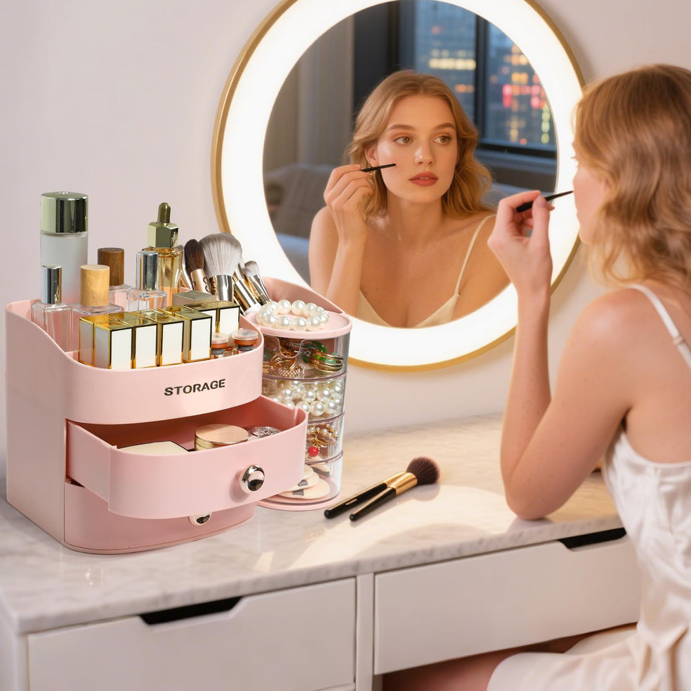 YGJT versatile beauty organizer supports makeup, skincare, and jewelry storage.