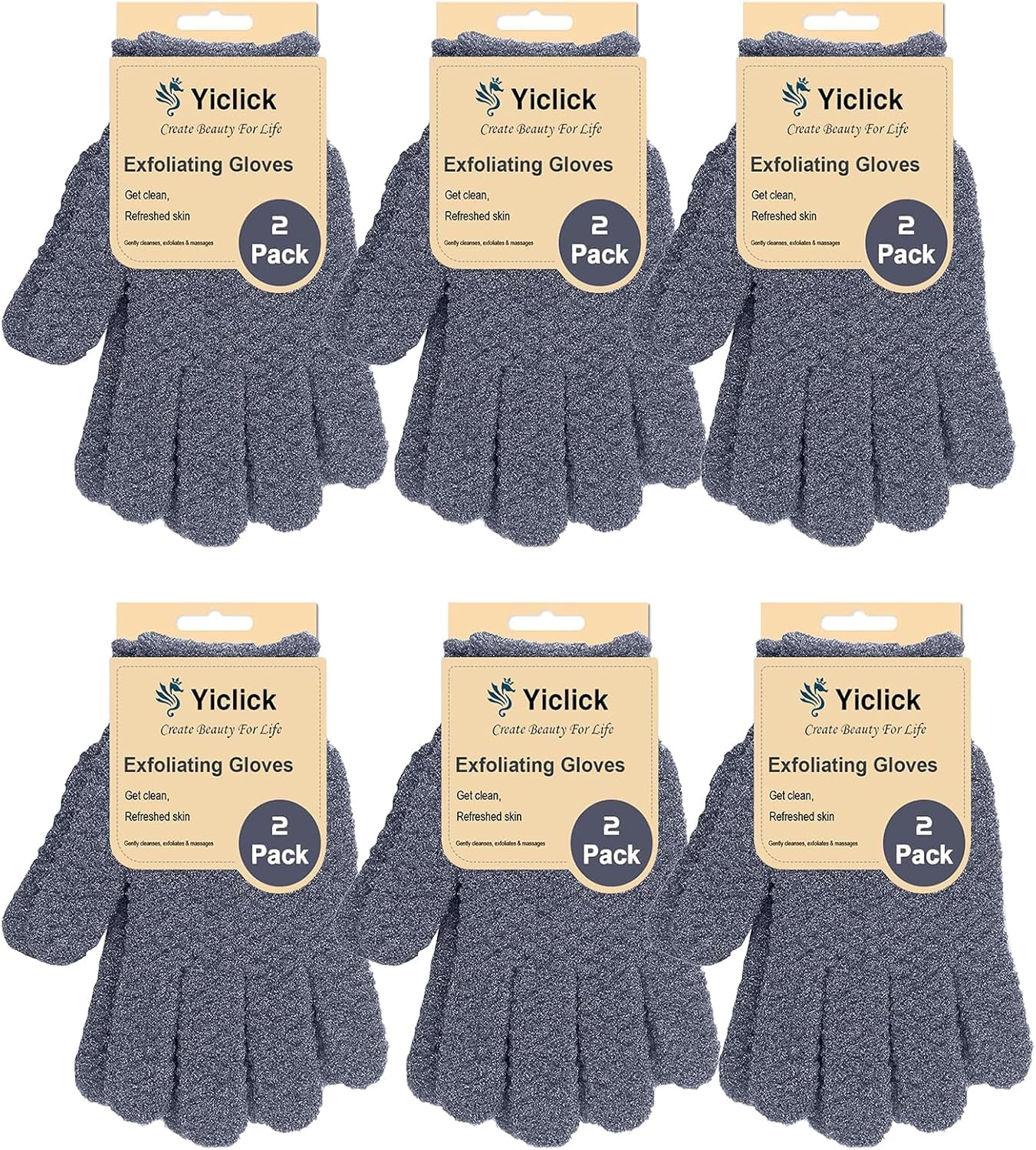 Yiclick exfoliating gloves packaging shows a 12-pack for family use.