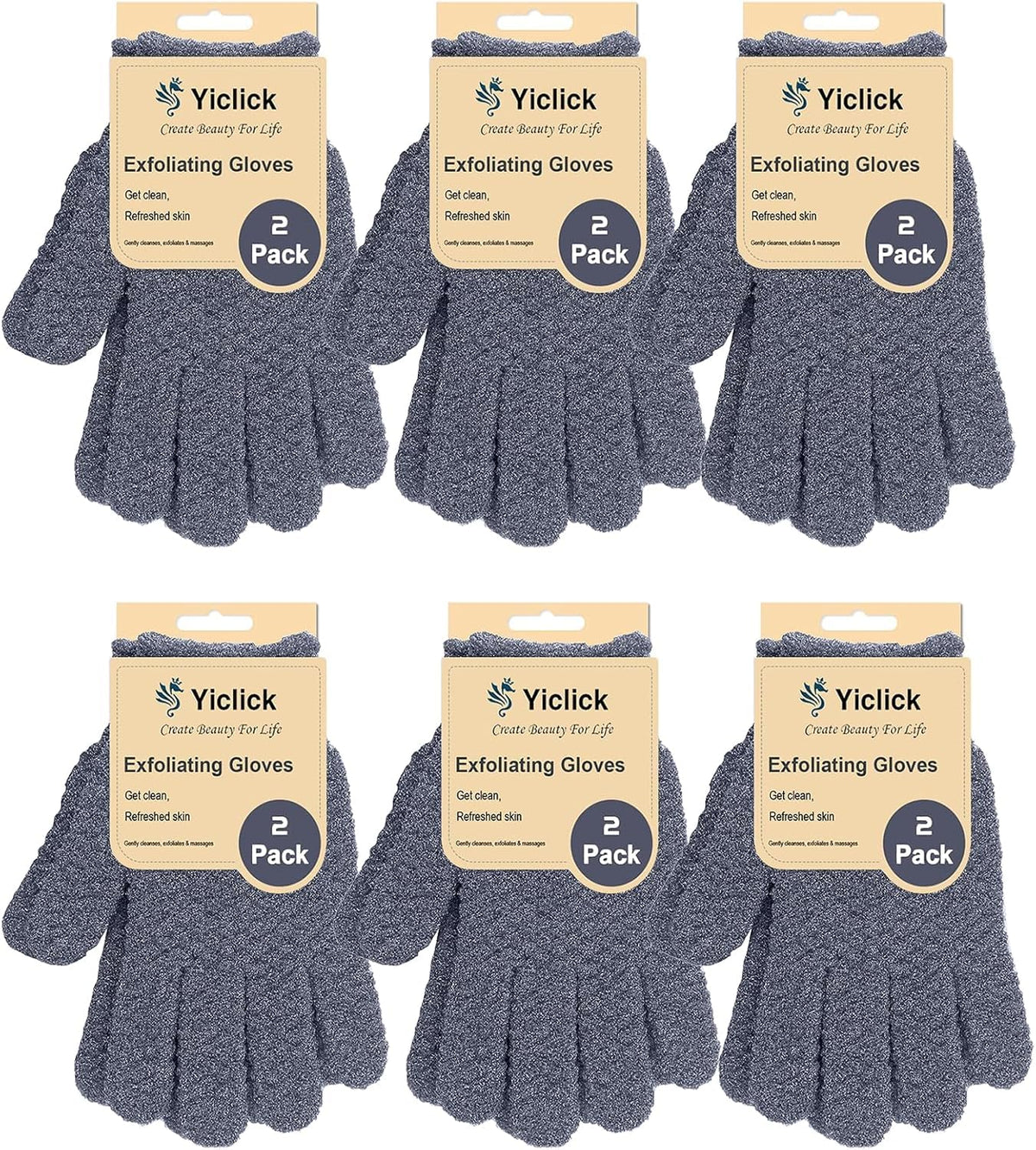 Yiclick exfoliating gloves packaging shows a 12-pack for family use.