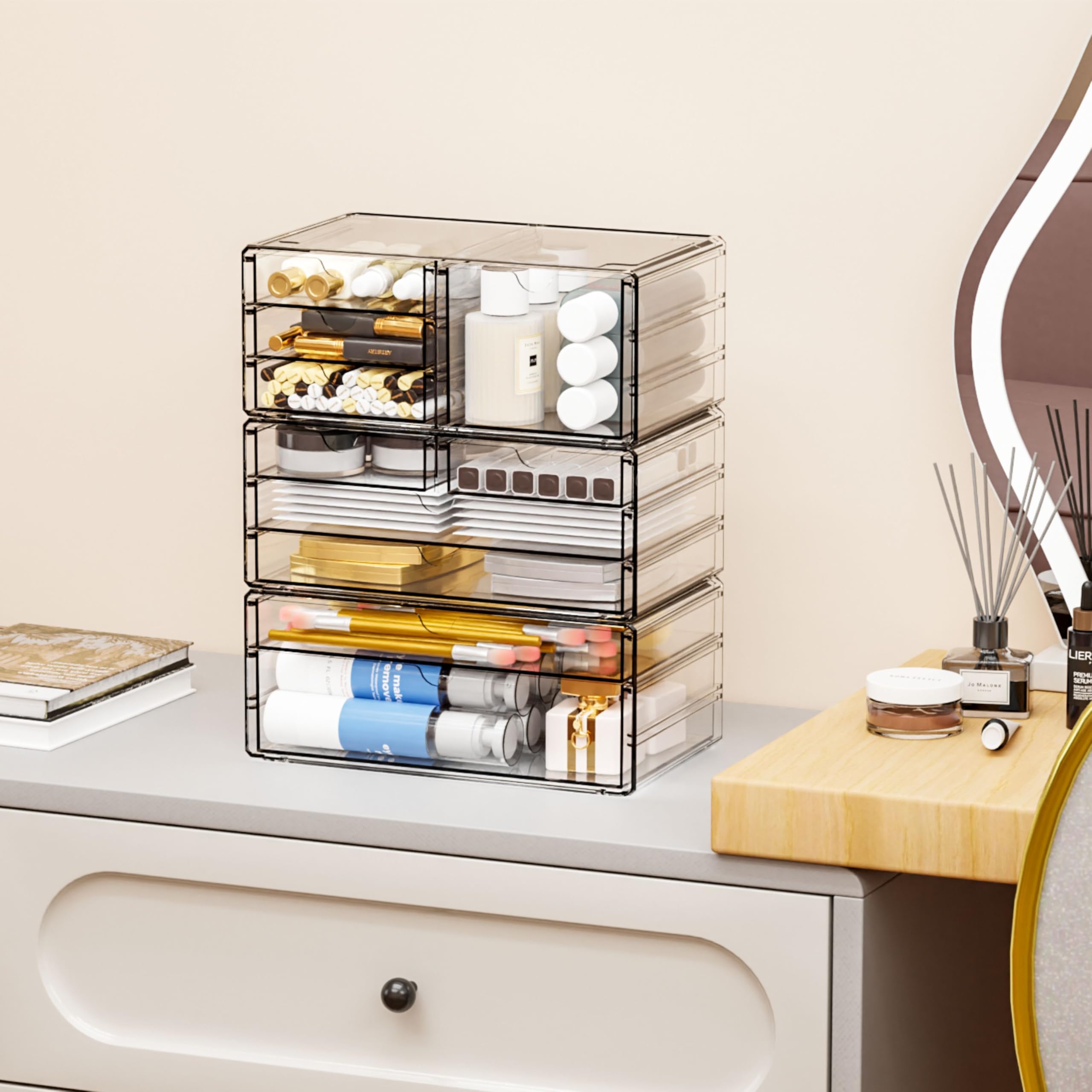 Yieach 11.1-inch acrylic drawer organizer shown in side view for bathroom storage.