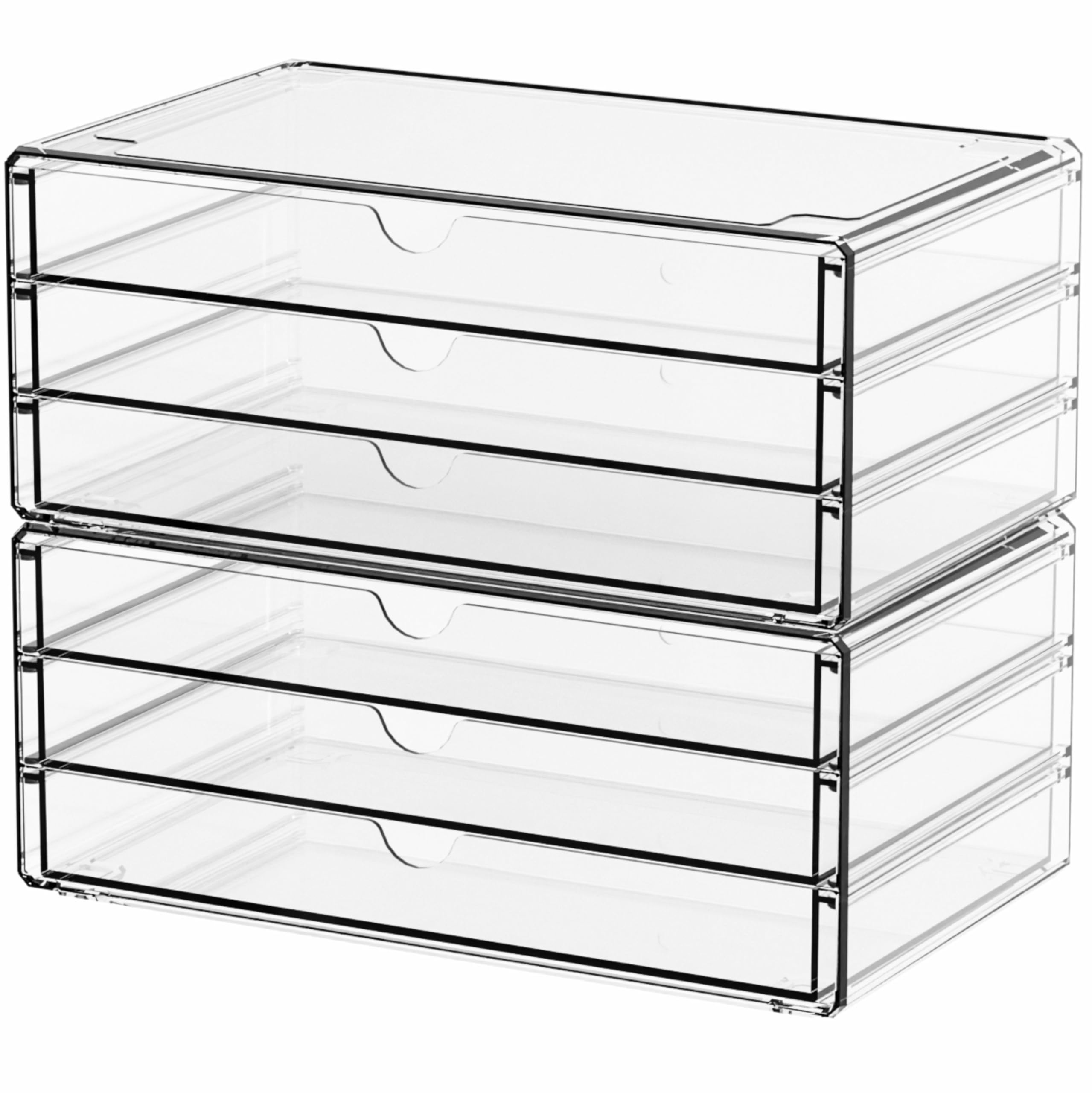Yieach 2-pack acrylic drawer set with six drawers provides clear, organized storage.