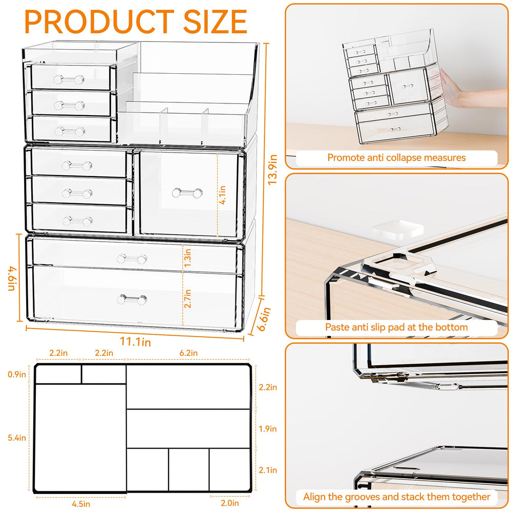 Yieach 3-pack clear makeup organizer drawer closeup emphasizing transparent visibility