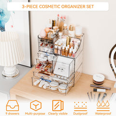 Yieach 3-pack clear makeup organizer in dresser setup for vanity organization