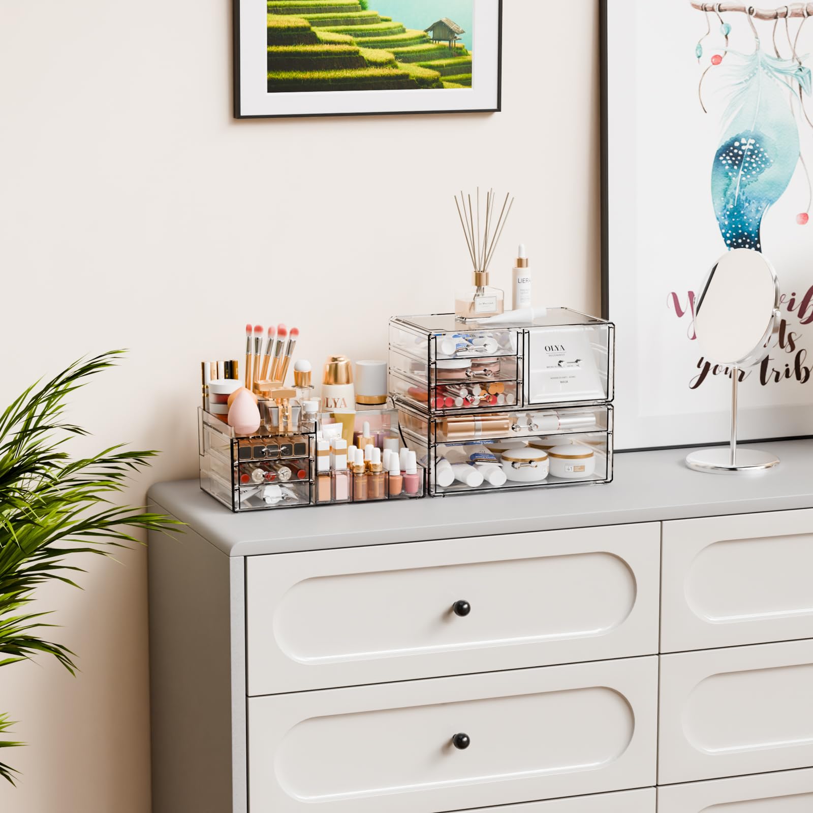 Yieach 3-pack clear makeup organizer skincare setup with lotions and serums