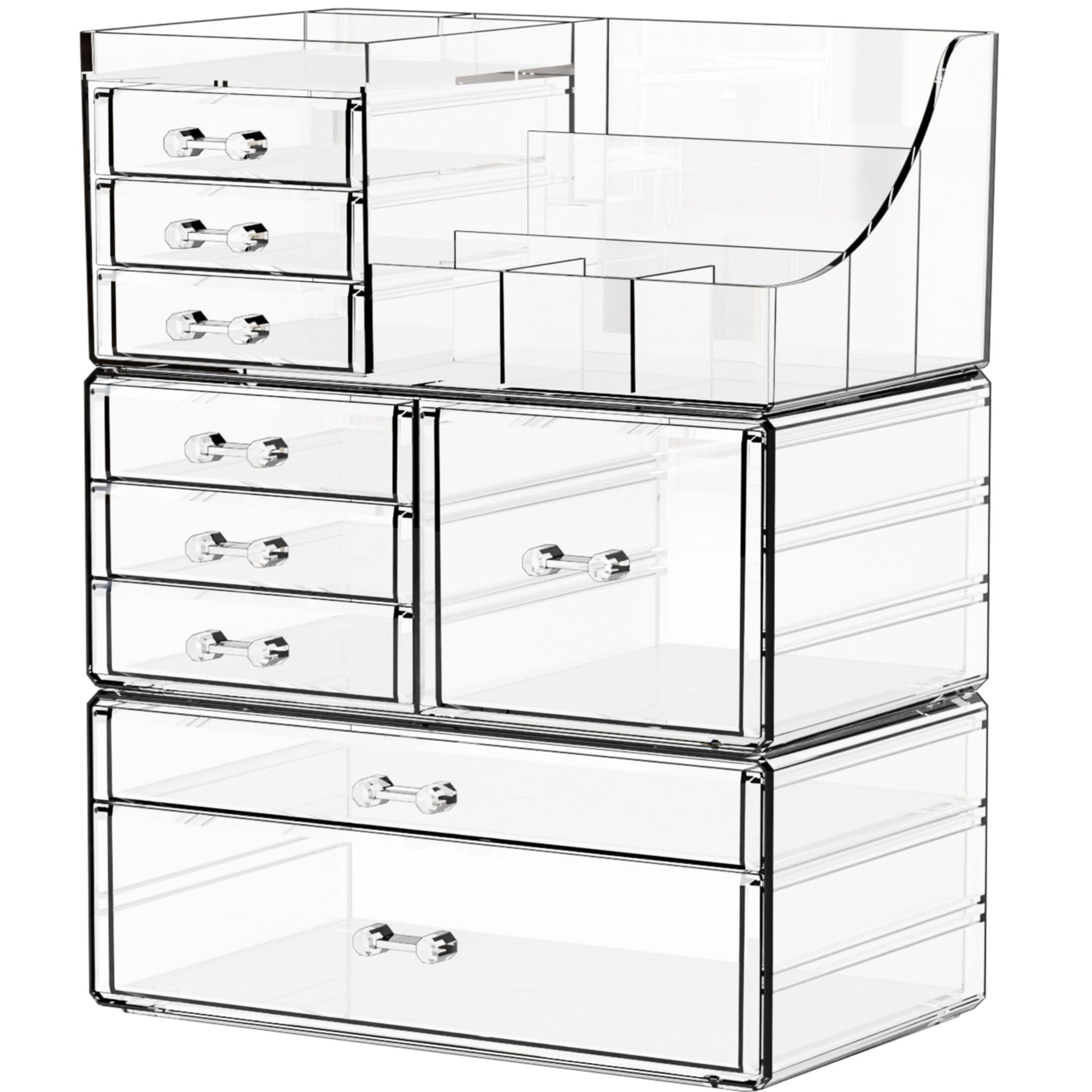 Yieach 3-pack clear makeup organizer top view showing stacked drawers for quick access