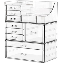 Yieach 3-pack clear makeup organizer top view showing stacked drawers for quick access